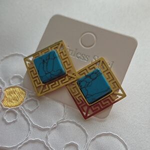 18K Gold Plated And Blue Stainless Steel Geometric Earrings